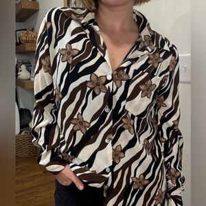 Cathy Che Zebra Print and Floral Button Up Blouse
